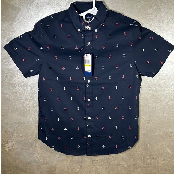 Nautica Navtech Mens M Anchor Print Short Sleeve Button Up Shirt Navy Brand New - Picture 2 of 10